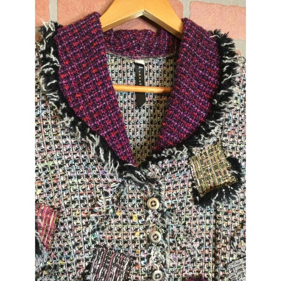 Dressing Women's Button Front Jacket Shawl Collar Tweed Patches Pearl Detail - Picture 2 of 7